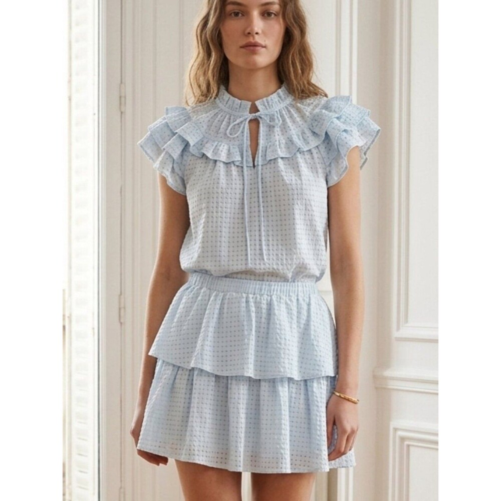 NWT Meet Me In Santorini Light Blue Ruffle Eyelet Two-Piece Skirt & Top Set Smal